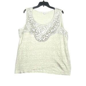 Chico’s Linen Tank Top Women XL Cream Lace Applique Voop Neck Elegant Sleeveless